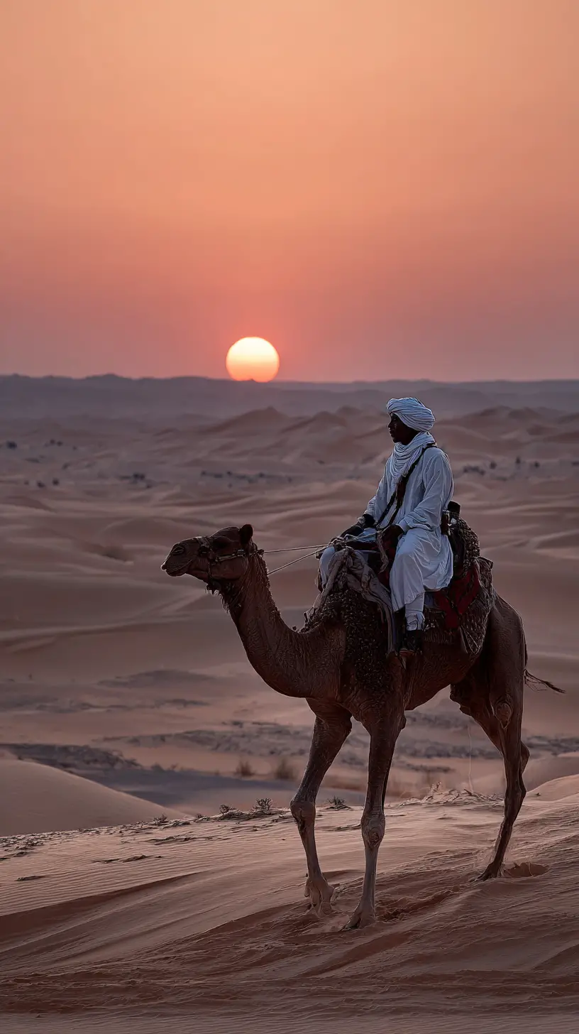 Tuareg rider on a dromedary at sunset in the Sahara
