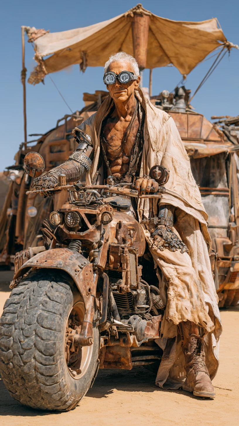Old man in a post apocalyptic desert with open mask