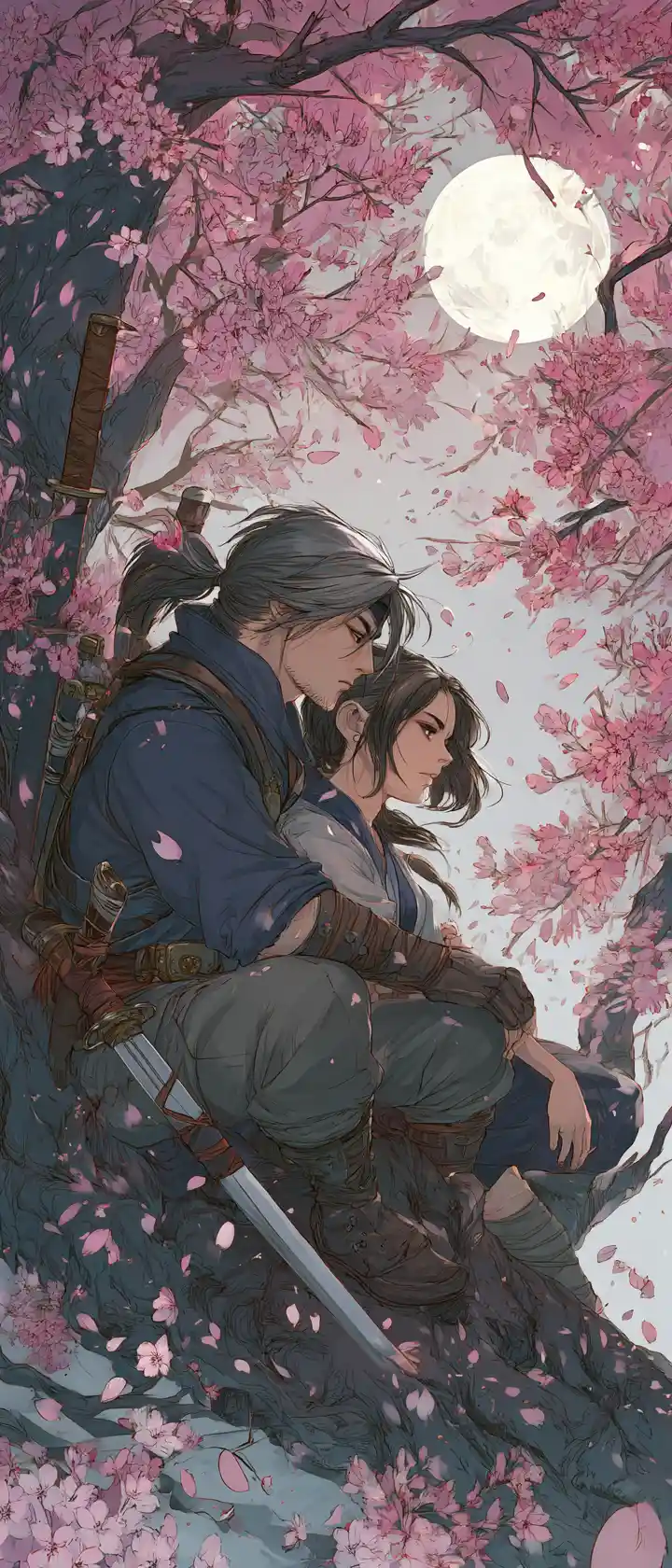 Vampire hunter and companion under falling cherry blossoms