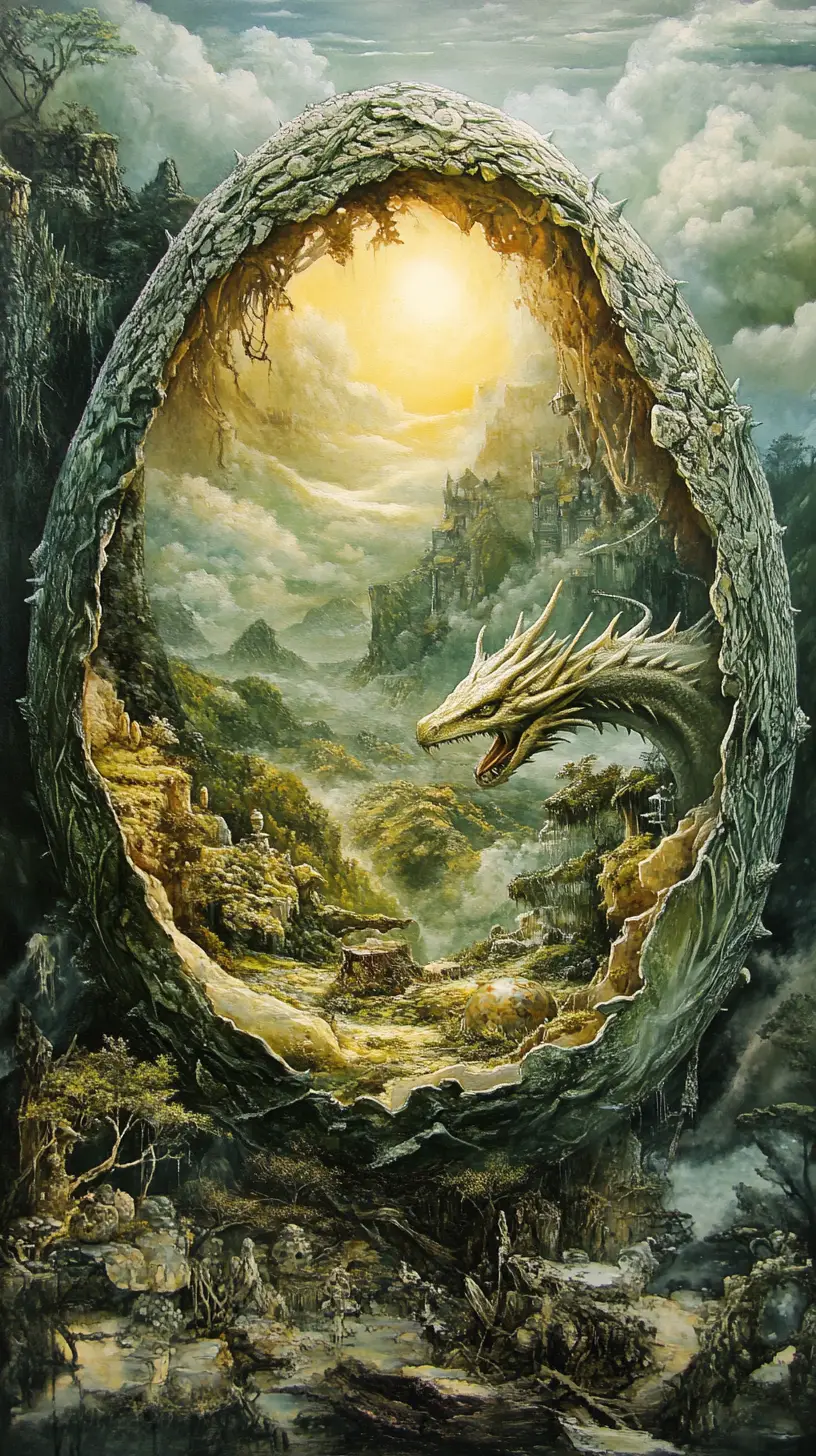 Illusione surreale di un misterioso uovo di drago in forme cangianti