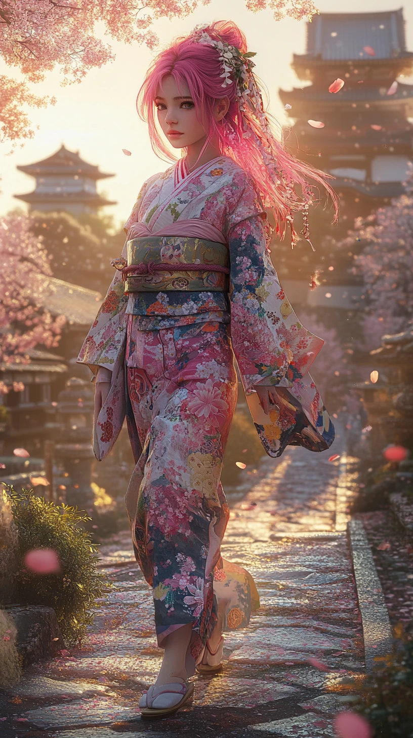 Pink haired girl in kimono walking through japanese garden