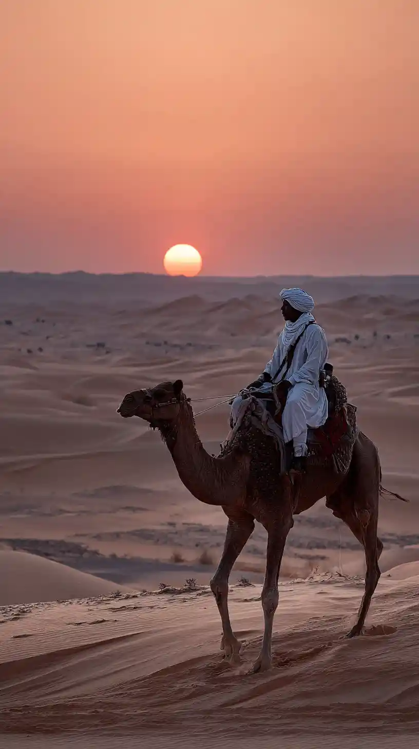 Tuareg rider on a dromedary at sunset in the Sahara