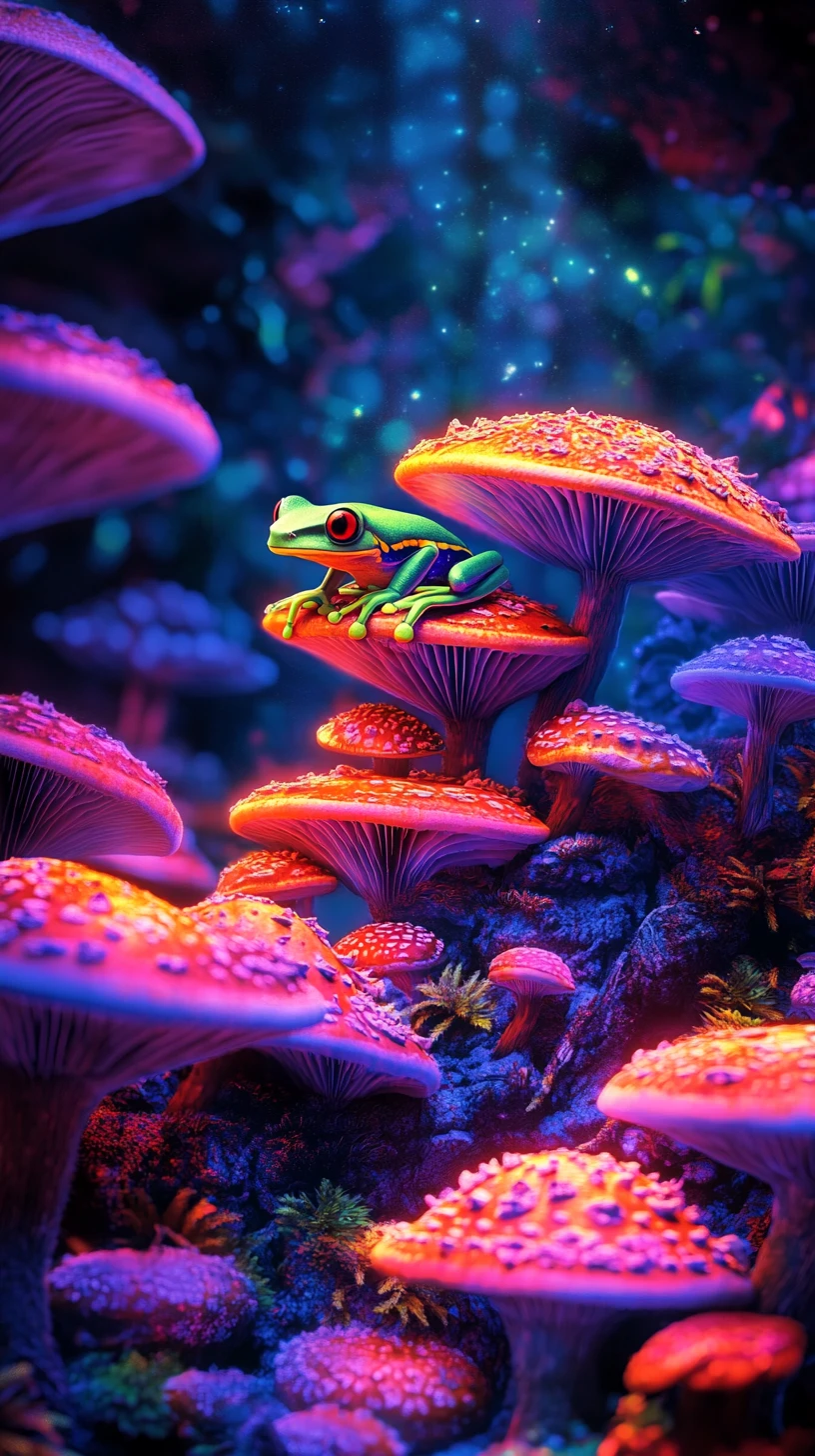 Surreal dart frog in a glowing mushroom forest scene
