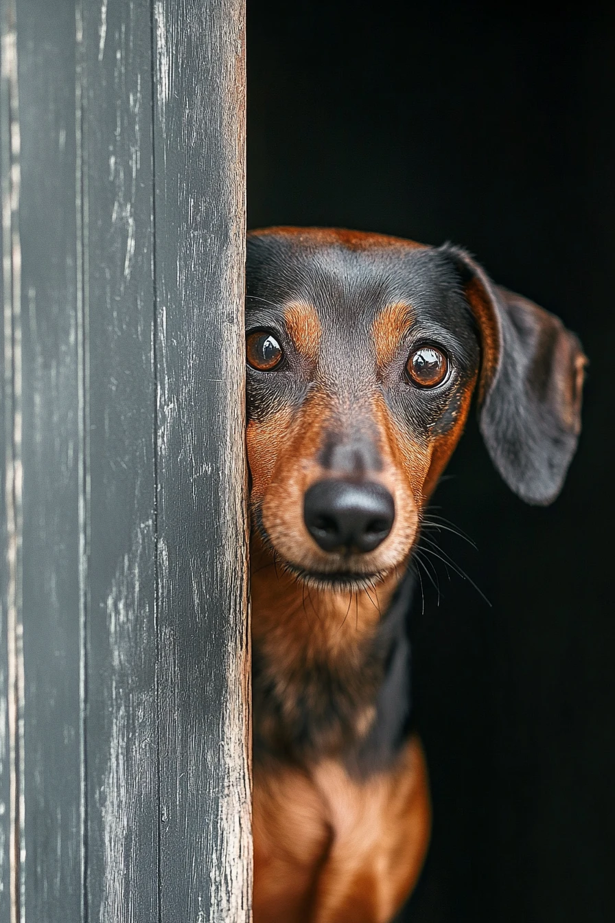 Shy wirehaired dachshund peeking from behind a wall