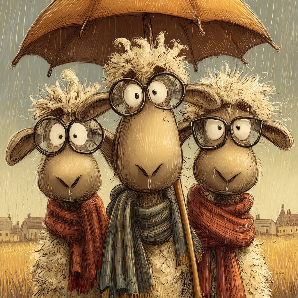 Three Quirky Sheep Under An Umbrella In The Rain
