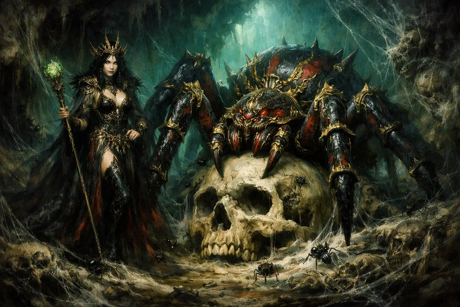 Spider queen beside a giant armored spider on skull