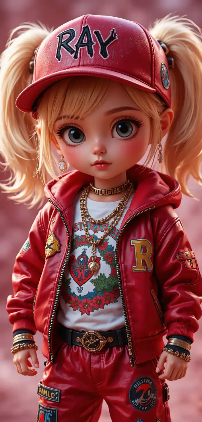 Blonde baby girl in rapper outfit in Pixar style studio