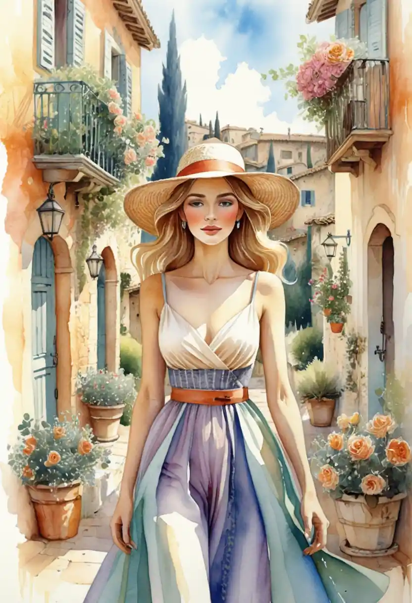 Young woman walking in a sunny Mediterranean alley