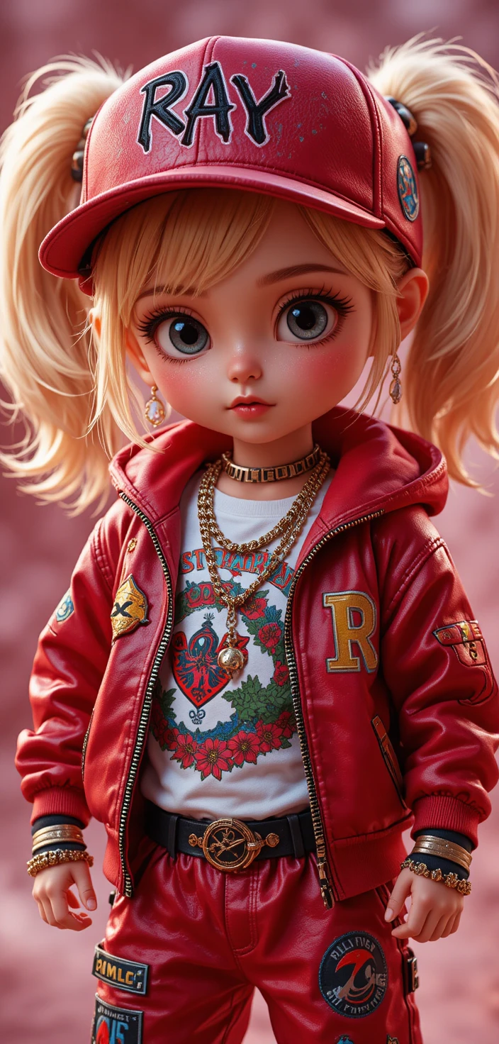 Blonde baby girl in rapper outfit in Pixar style studio