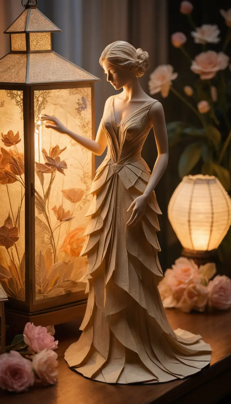 Paper sculpture woman in gown with flowers and lantern
