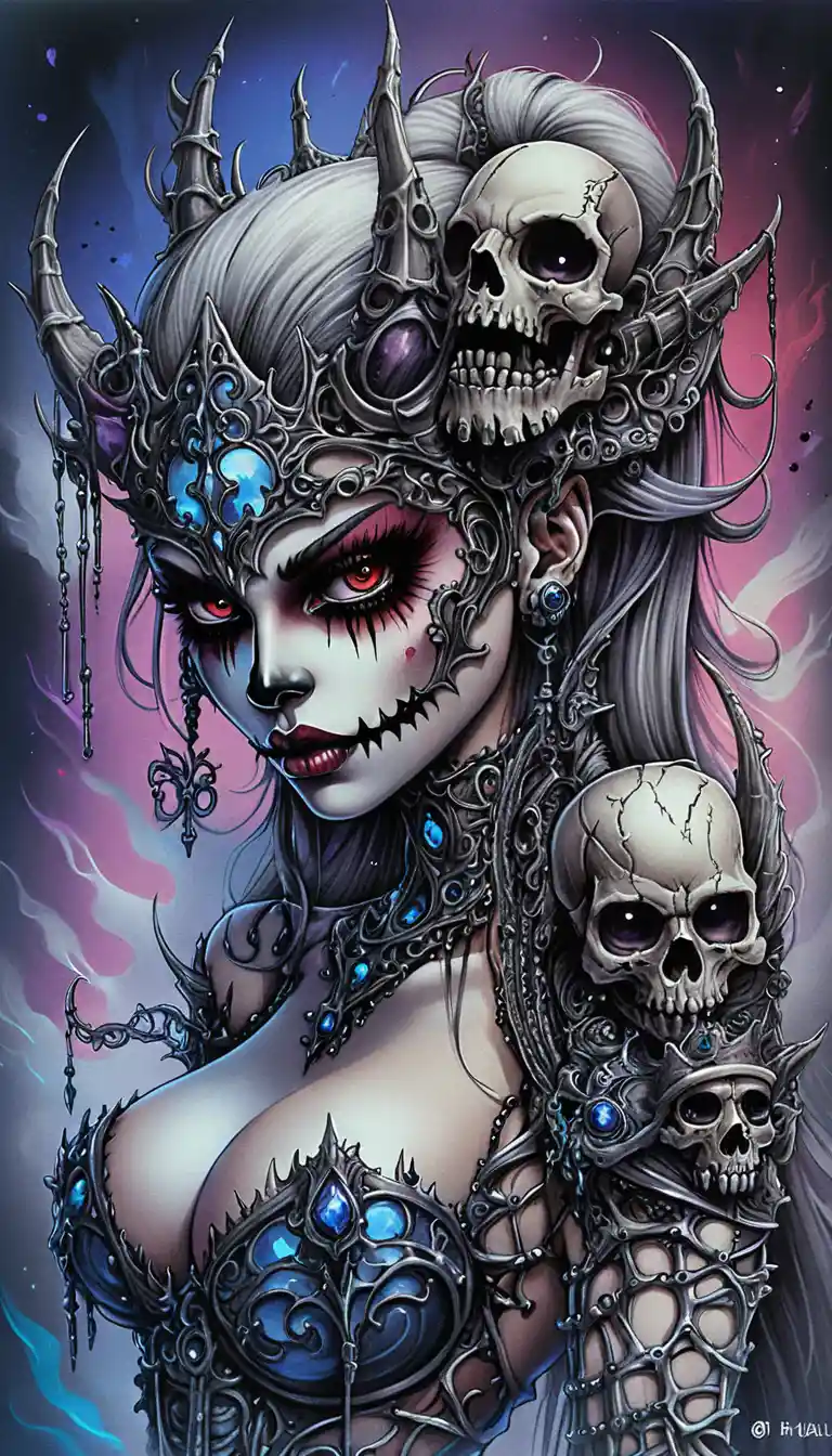 Dark fantasy woman with skull makeup and playing cards
