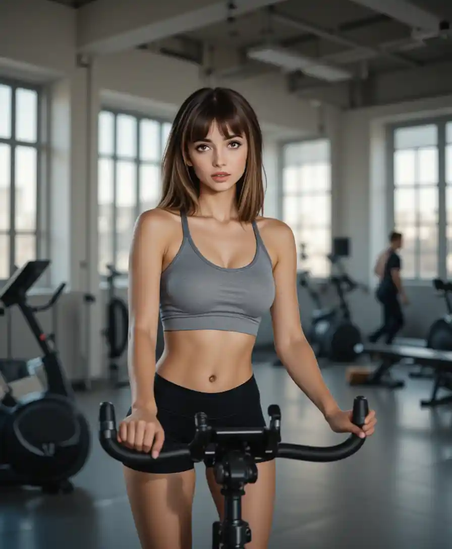 Fit blonde woman training on a stationary bike in gym