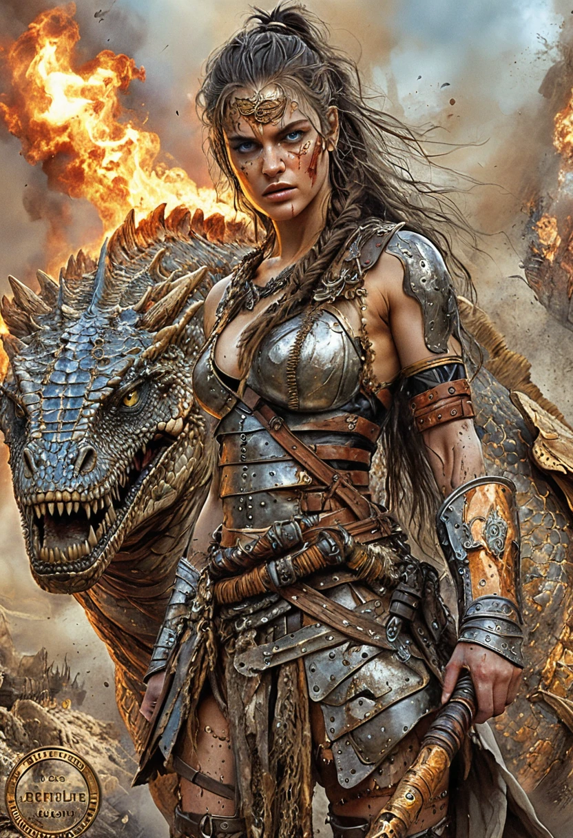 Battle hardened warrior woman in burning wasteland