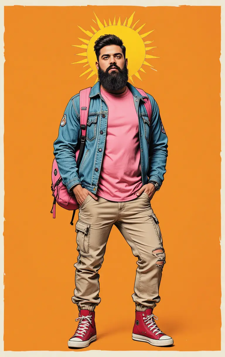Stylish bearded man with halo on bright orange background
