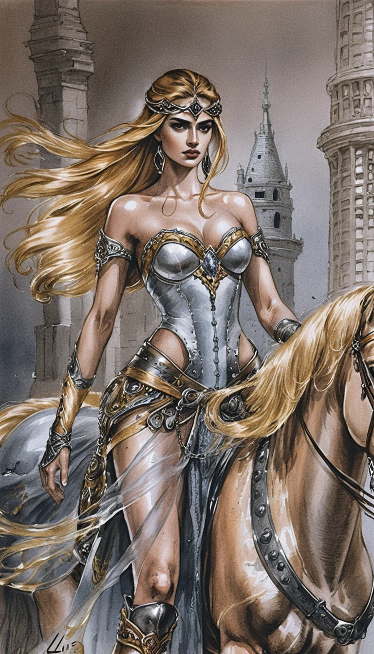 Regina guerriera dark fantasy a cavallo davanti a un castello in rovina