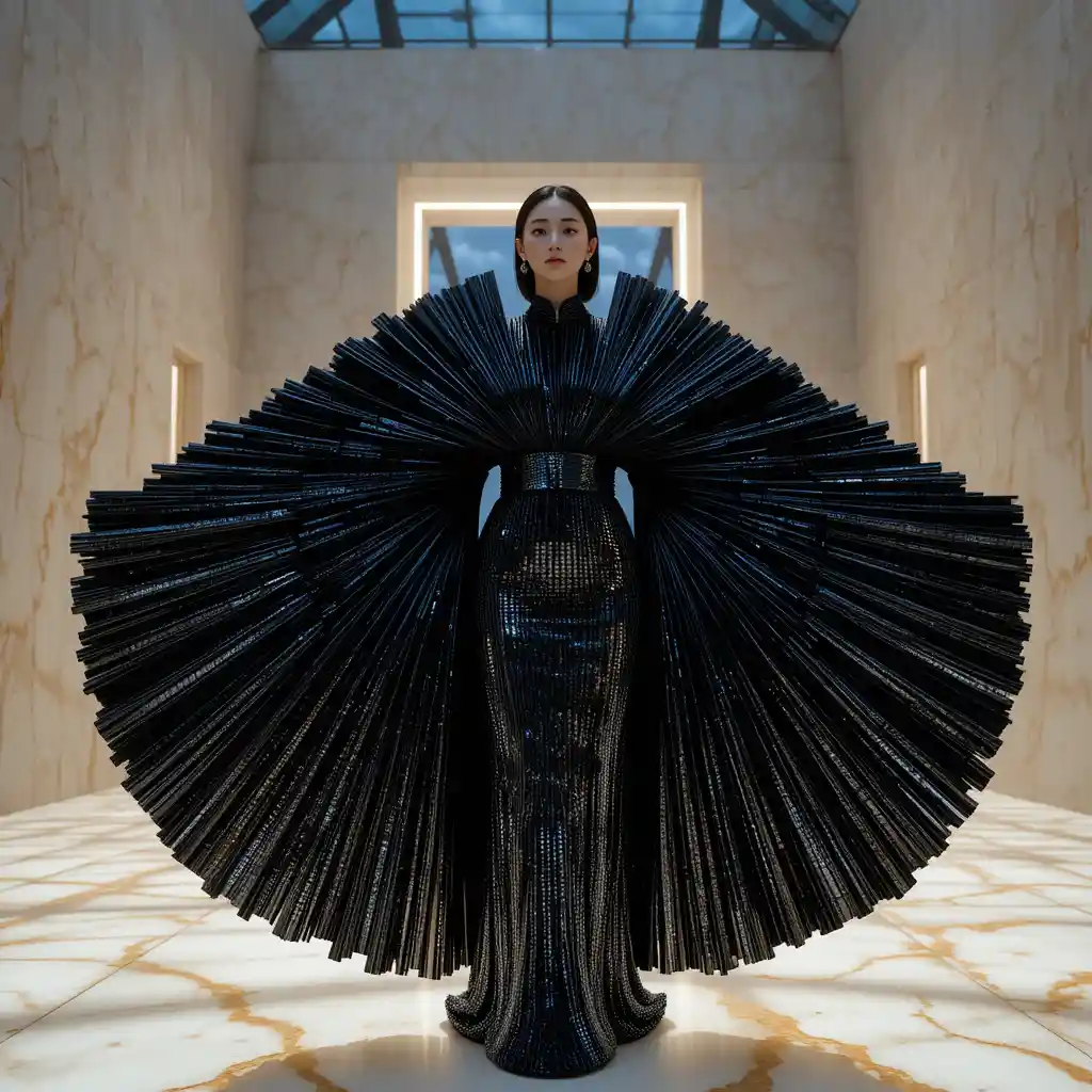 Mujer coreana con vestido columna negro de lentejuelas y escote escultórico en forma de abanico