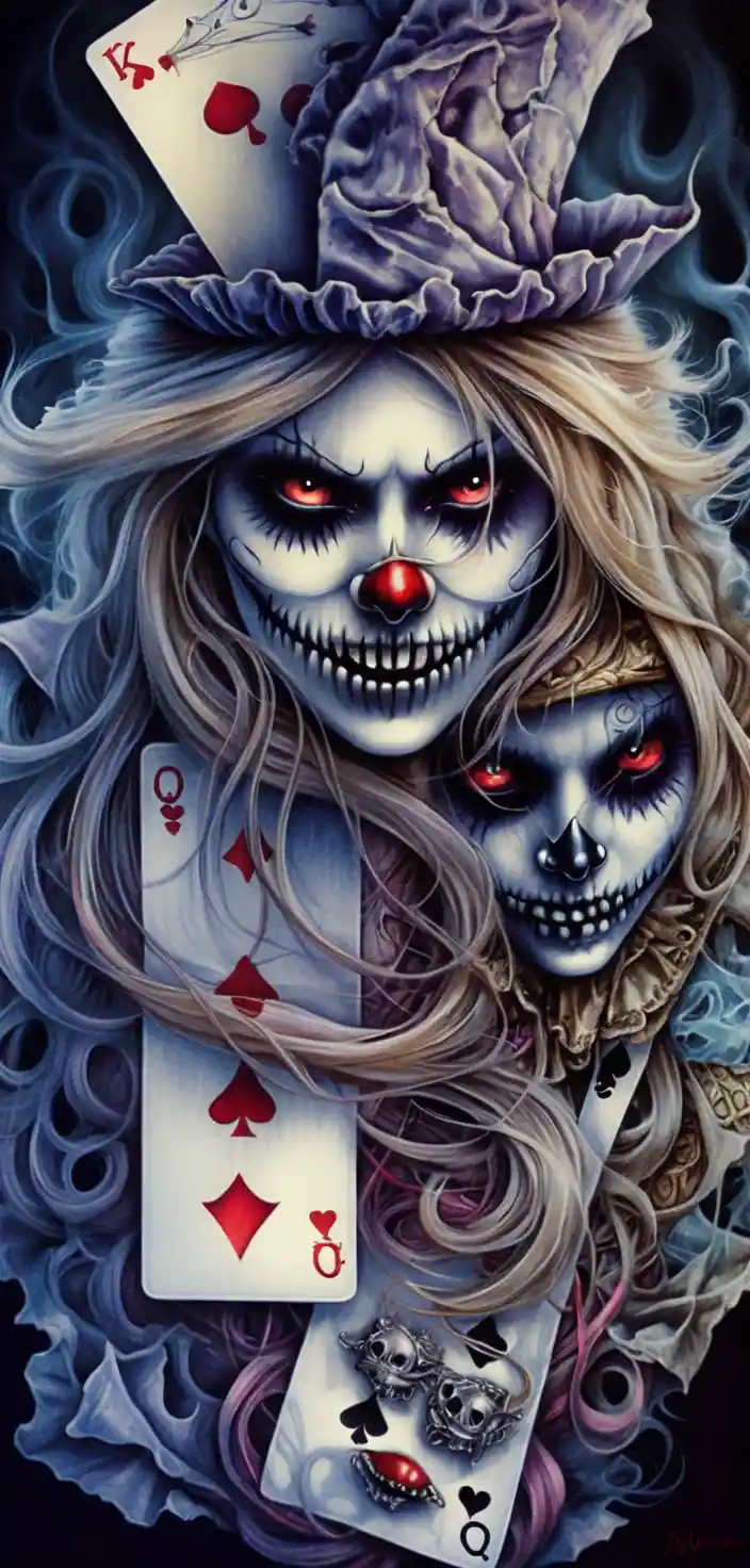 Menacing clown skull woman with glowing red demon eyes