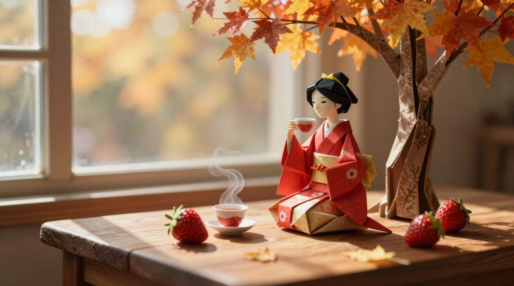 Origami woman in red kimono enjoying tea on wooden table