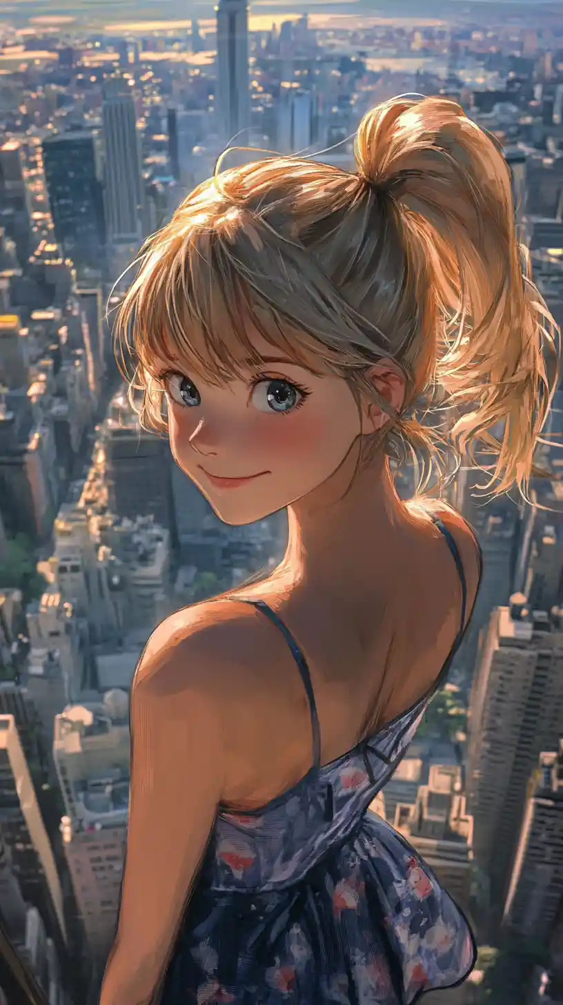 Smiling anime girl in a summer dress over New York
