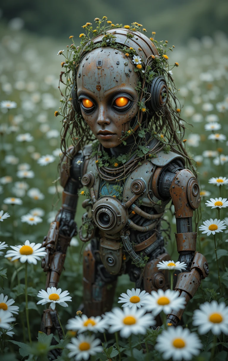 Rusted humanoid robot resting in a wild daisy field