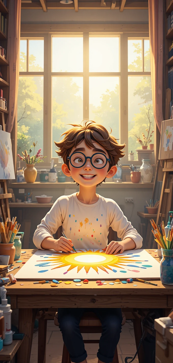Boy painting a smiling sun in a bright art studio