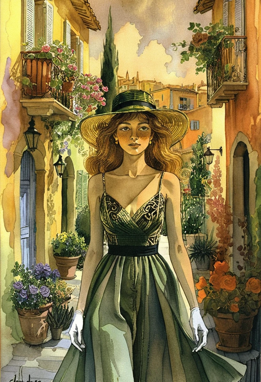 Watercolor girl walking in a sunny mediterranean alley