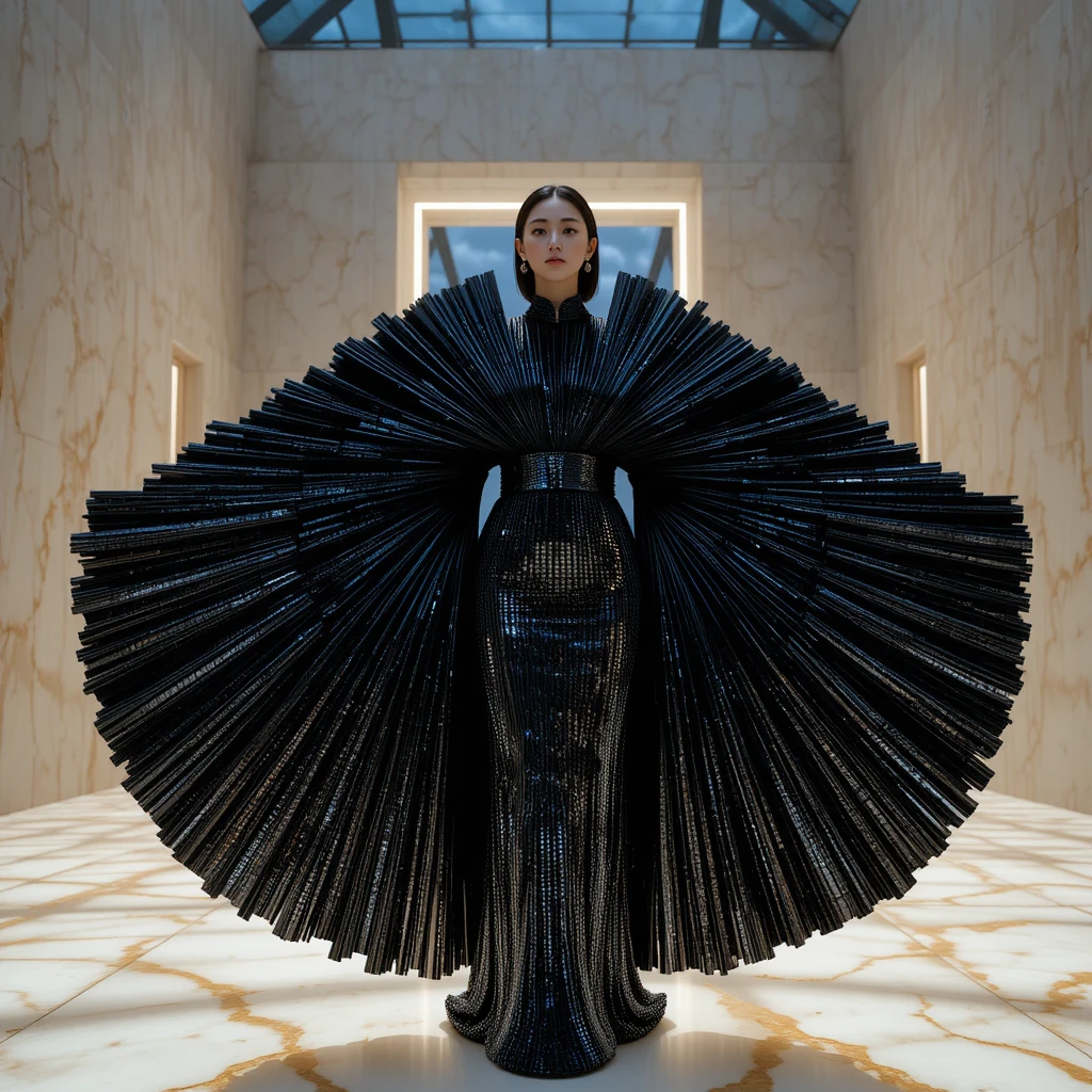 Korean woman in black sequin column gown with sculptural fan neckline