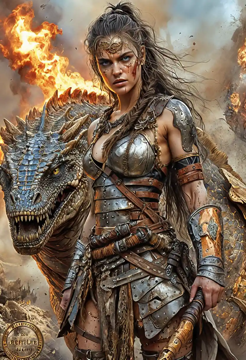 Battle hardened warrior woman in burning wasteland