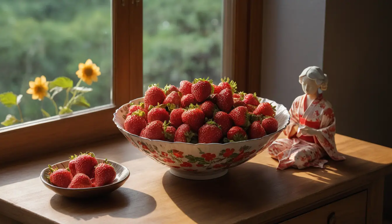 Nature morte avec bol de fraises et femme en origami