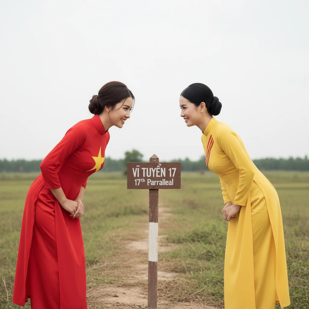 Zwei Mädchen in kontrastierenden Ao-Dai-Kleidern, die sich im Freien verbeugen