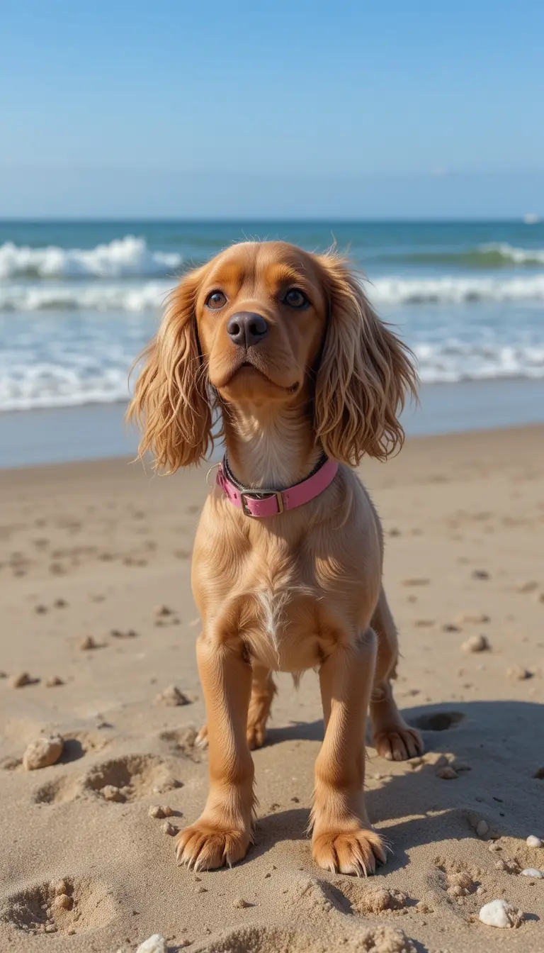 Cute cocker spaniel standing on a sunny sandy beach