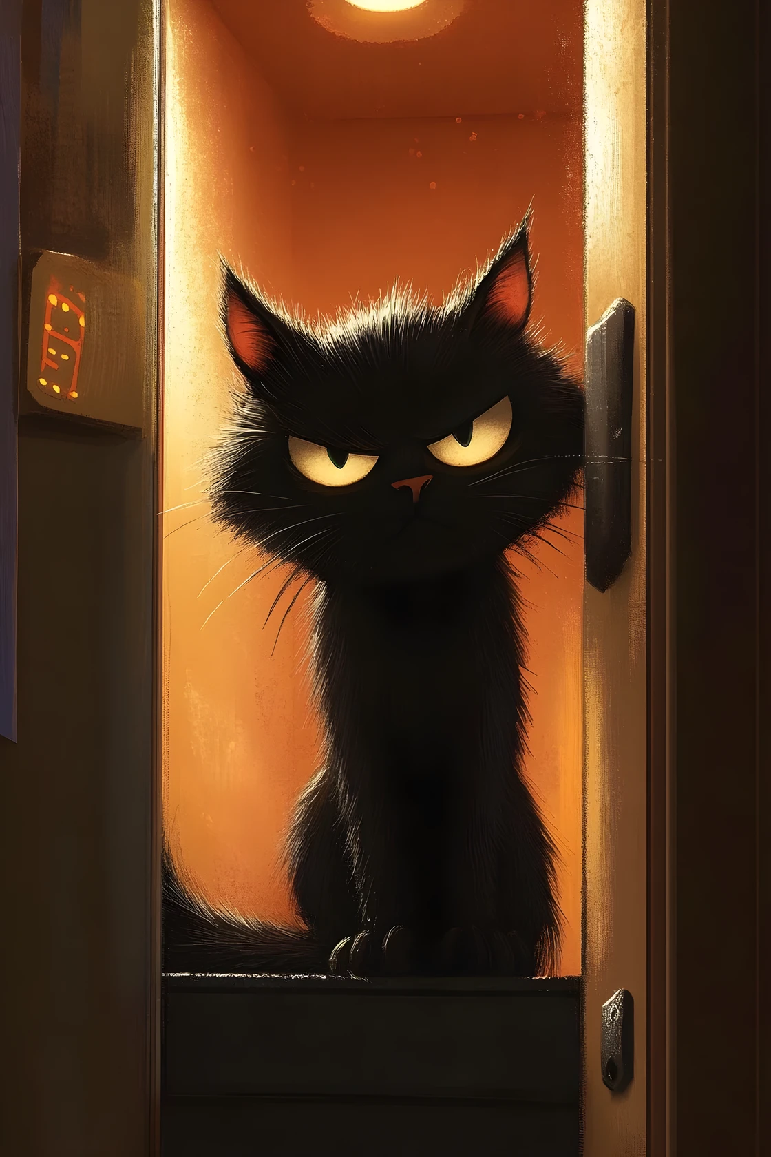 Scared girl and black cat trapped in dark elevator