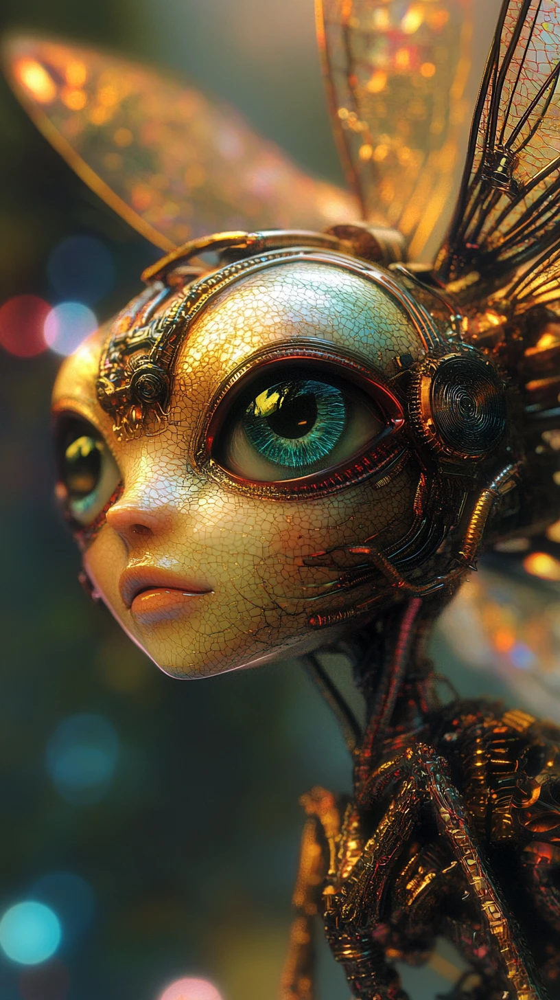 Dystopian humanoid dragonfly rising from a blurred horizon