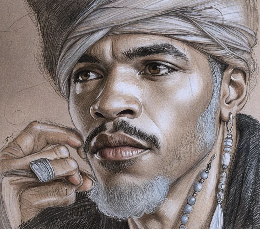Serene close up portrait of a black man in feathered headband