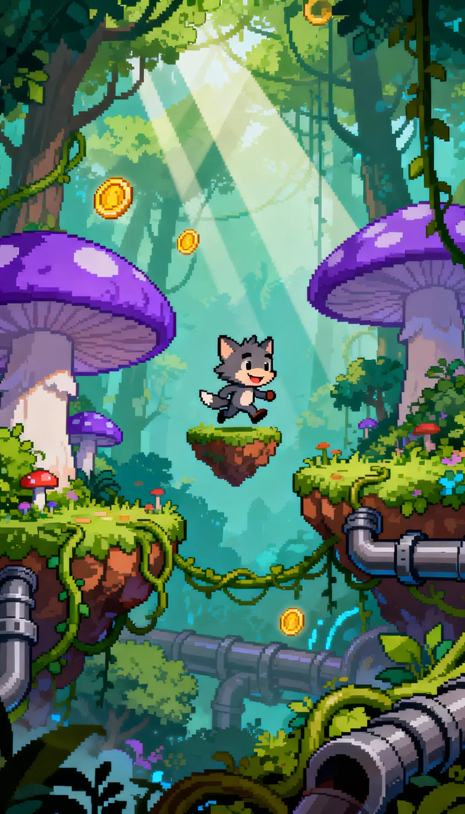 Cute werewolf hero jumping through magical forest platforms