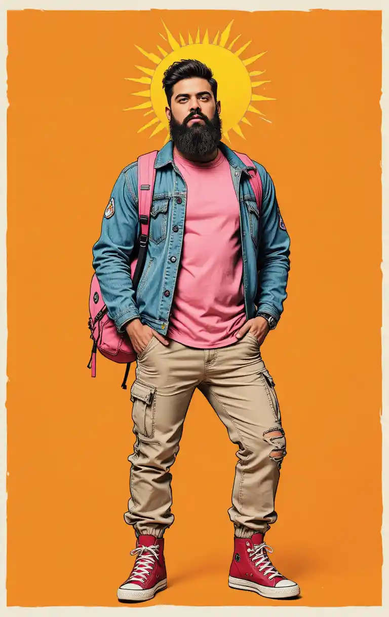 Stylish bearded man with halo on bright orange background