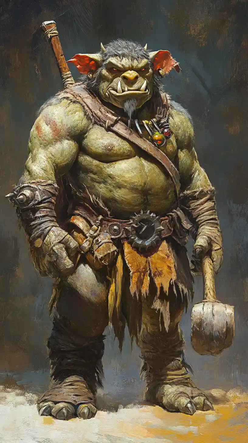 Ogro decidido con garrote descomunal en ilustración de fantasía