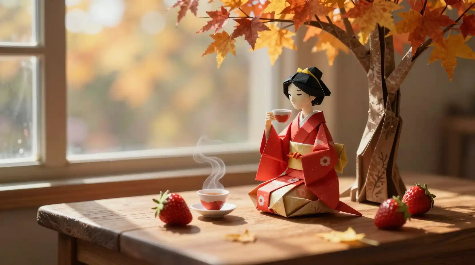 Origami woman in red kimono enjoying tea on wooden table