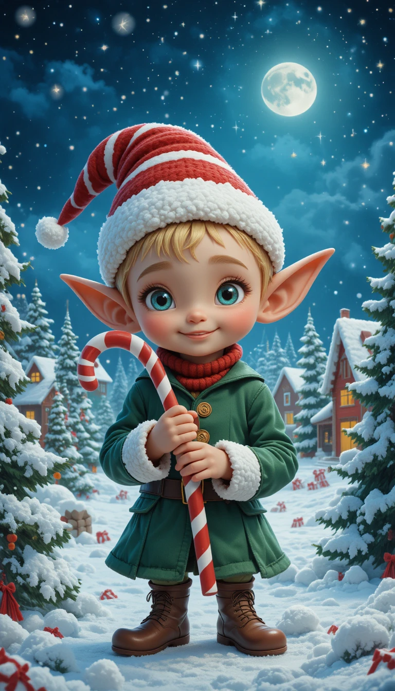Menino elfo jovem com gorro de Papai Noel segurando bengala doce