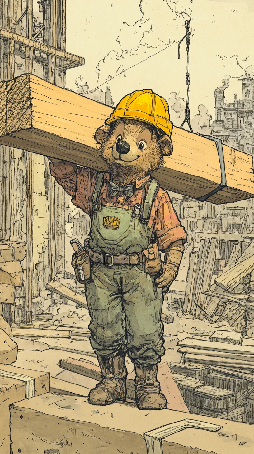 Orso operaio edile in stile cartone animato in un cantiere affollato