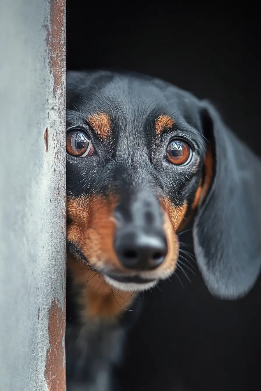 Shy wirehaired dachshund peeking from behind a textured wall