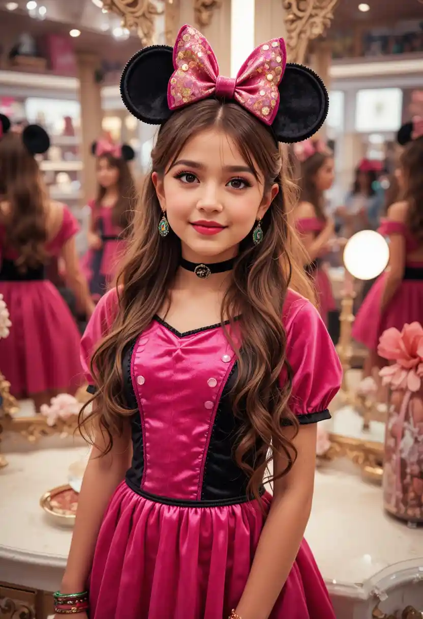 Tween boy in pink minnie dress at boutique vanity