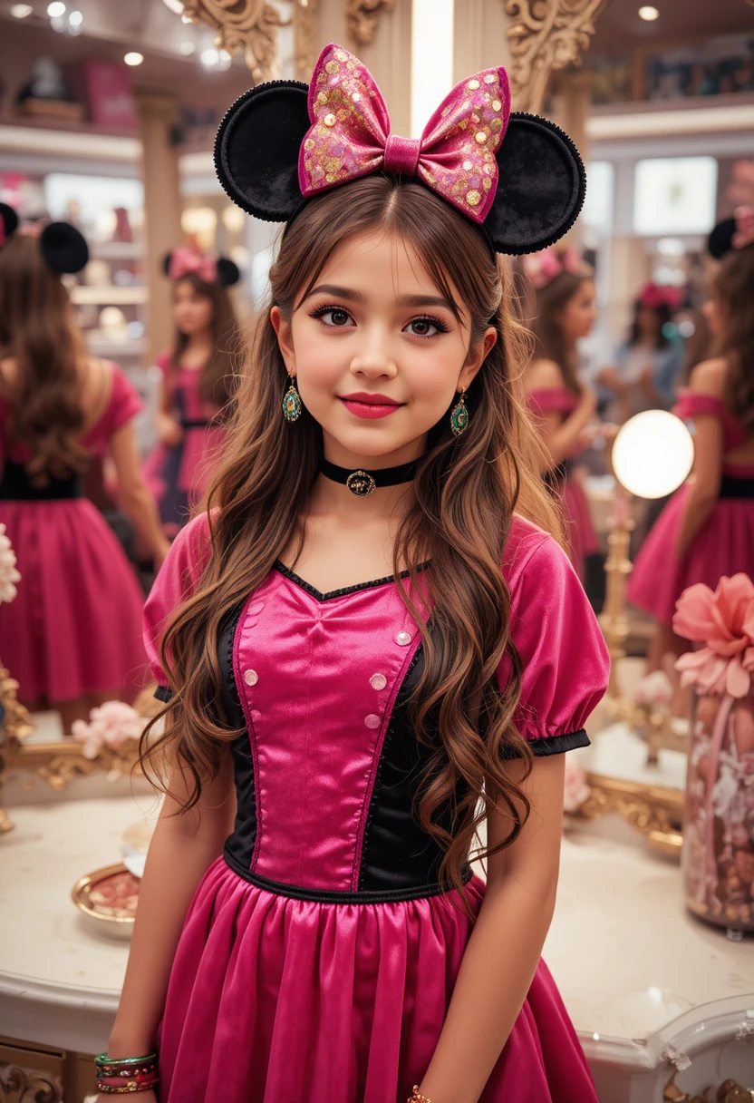 Tween boy in pink minnie dress at boutique vanity