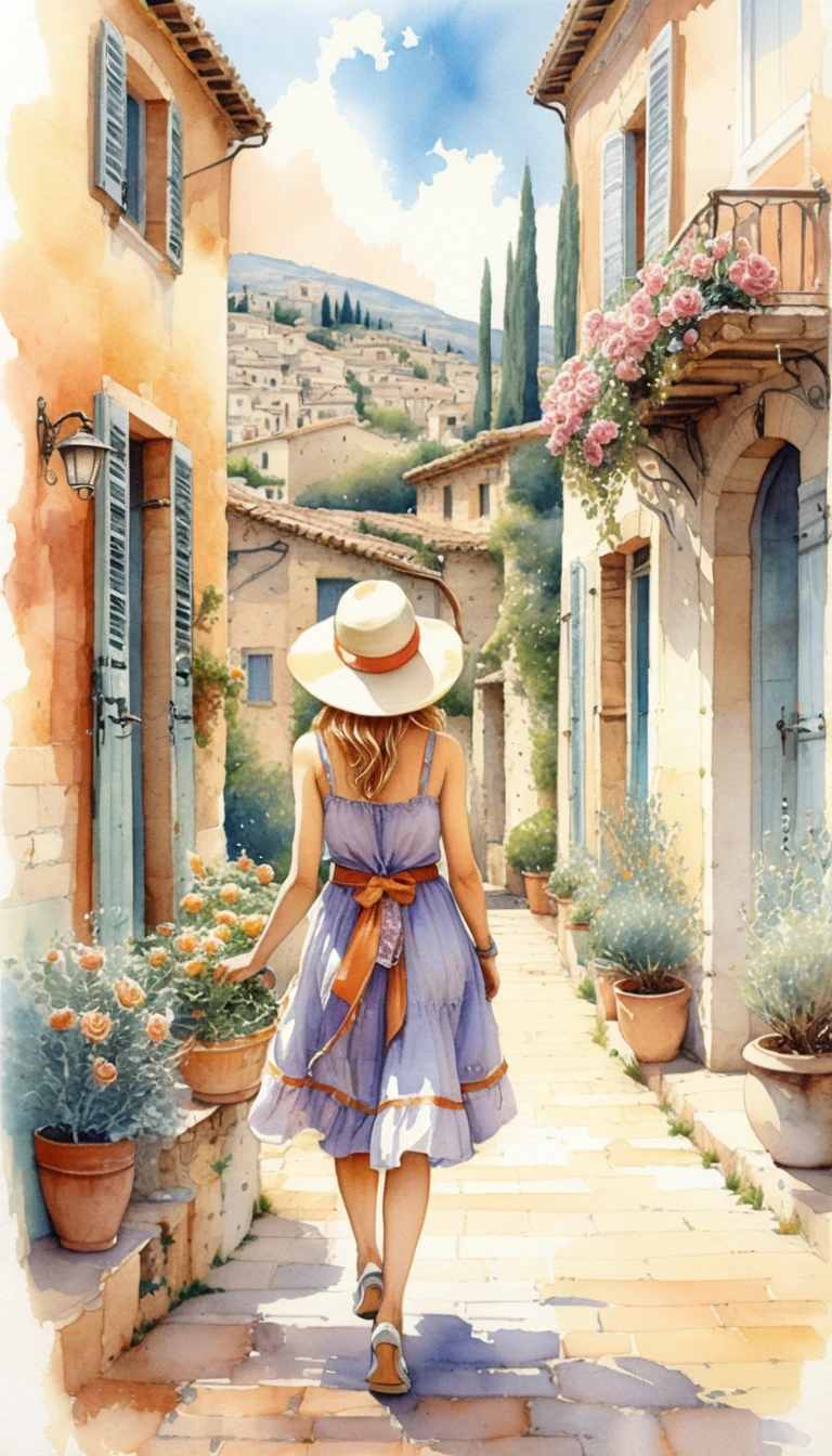 Young woman walking in a sunny mediterranean alley