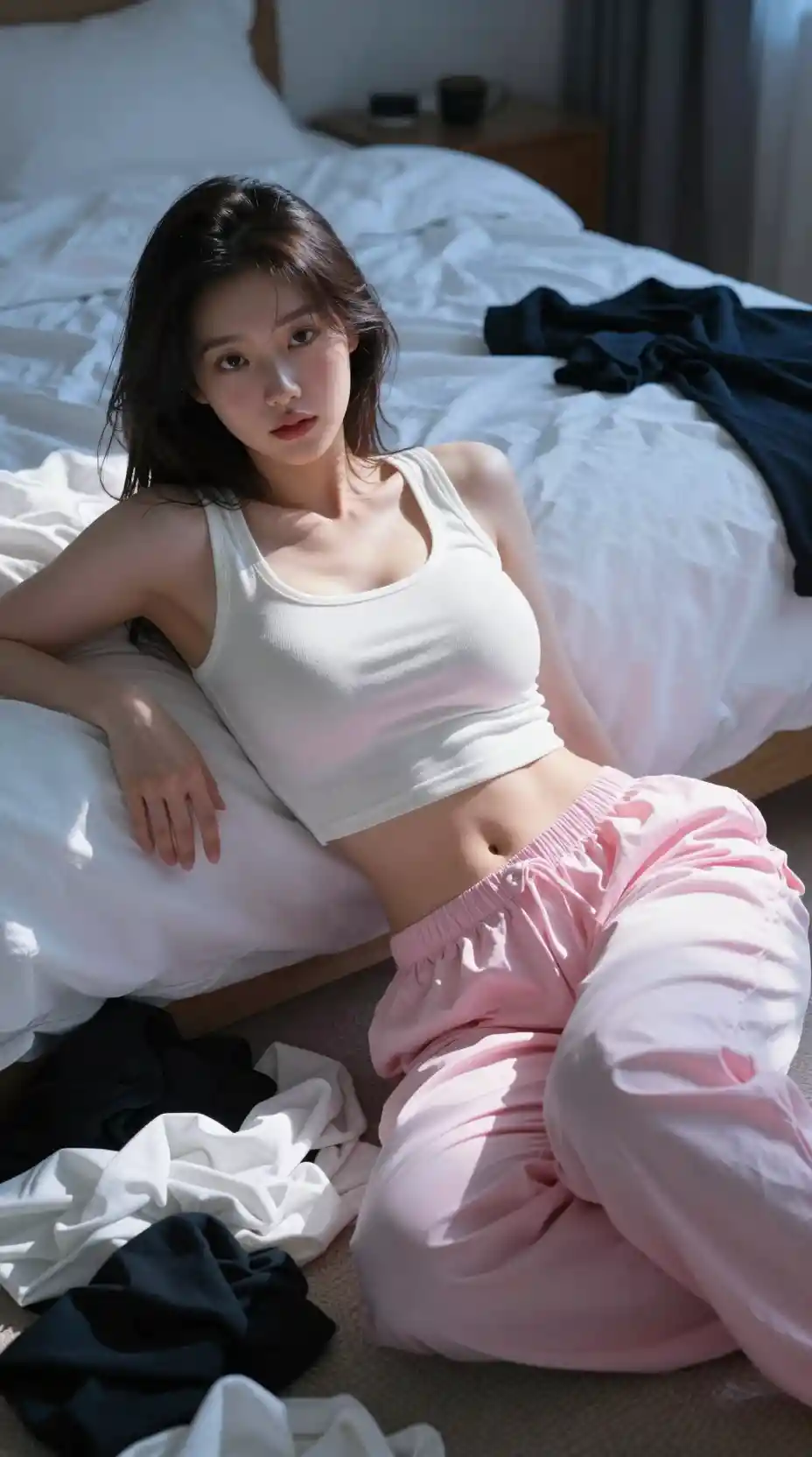 Korean girl lounging on a bed in soft morning light