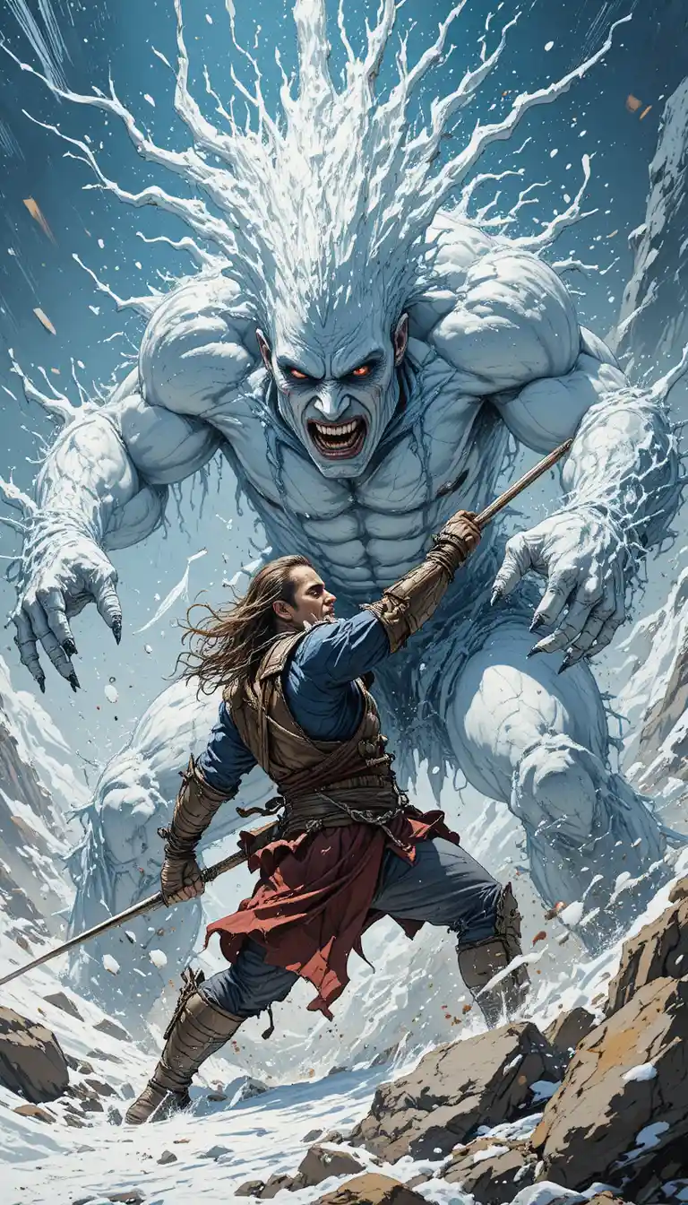 Combat épique entre créature de neige et monstre de boue dans un style comics