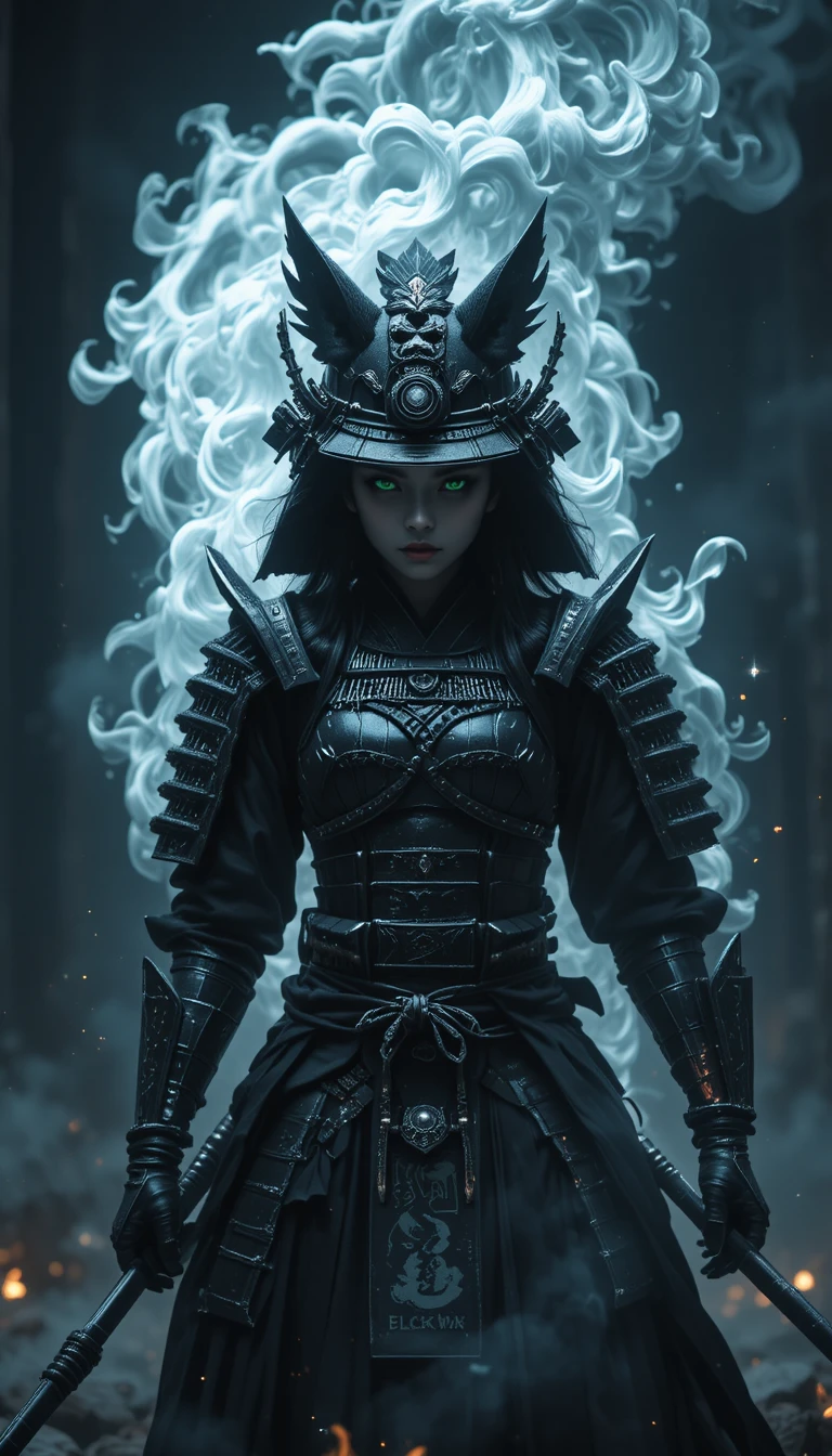 Black female samurai with glowing fox spirit aura
