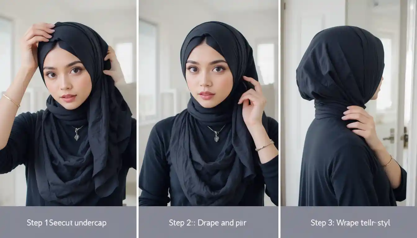 Woman securing an undercap before styling her hijab