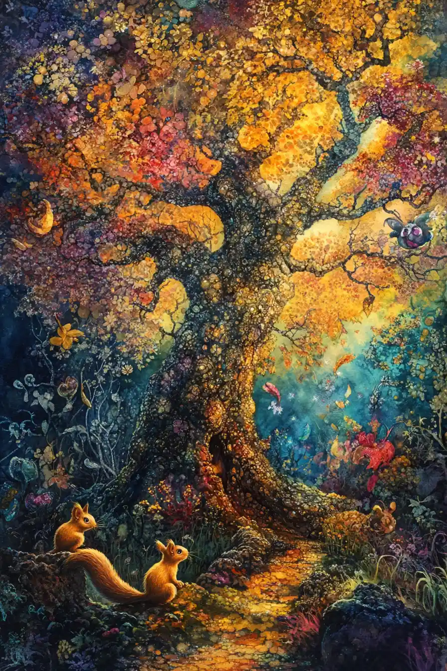 Magical oak tree in an enchanted autumn forest