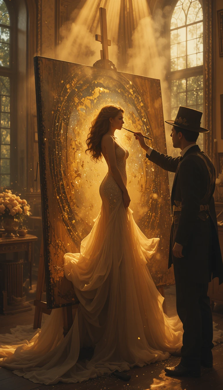 Surreal woman emerging from a portrait to kiss her creator